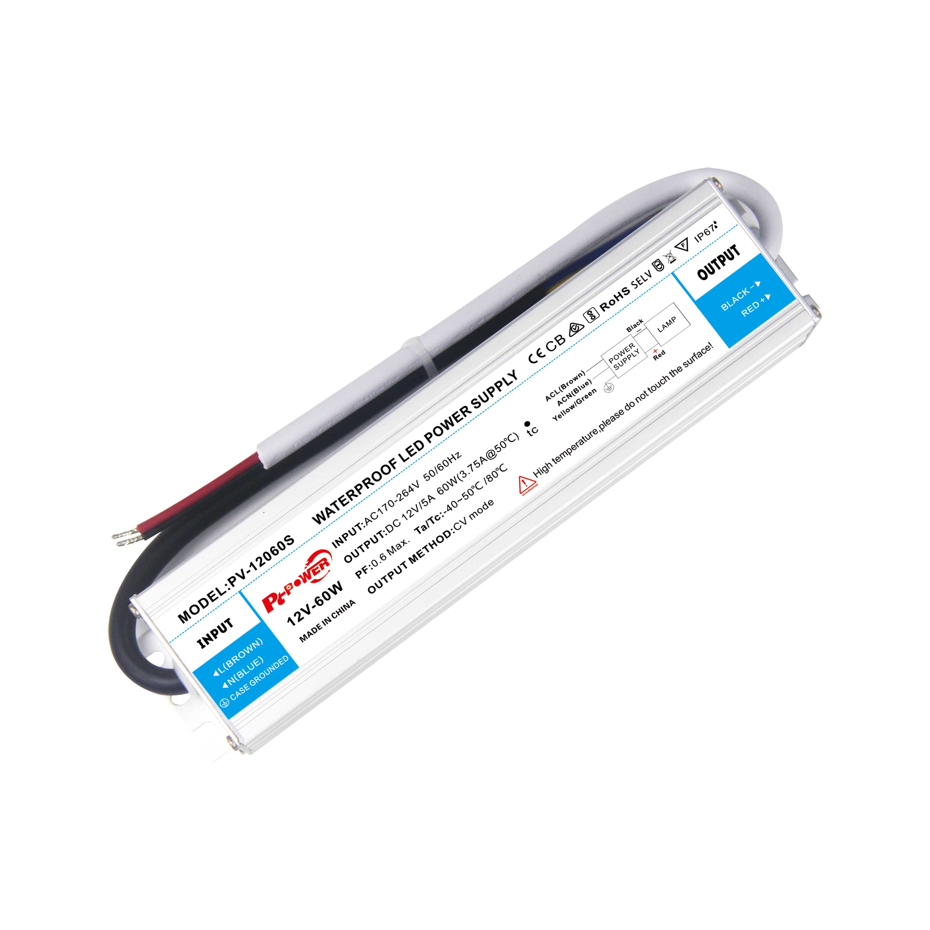LED power supply with cables on a white background