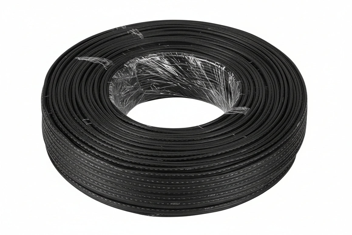 Coiled black cable on a white background