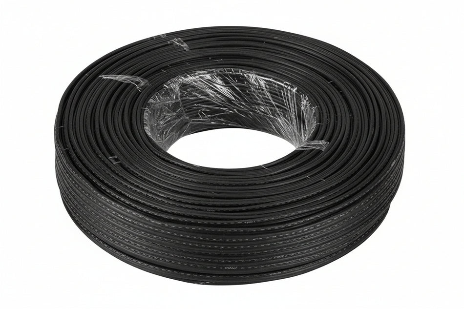 Coiled black cable on a white background