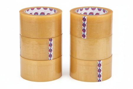 Roll of clear tape with a brand logo on a white background