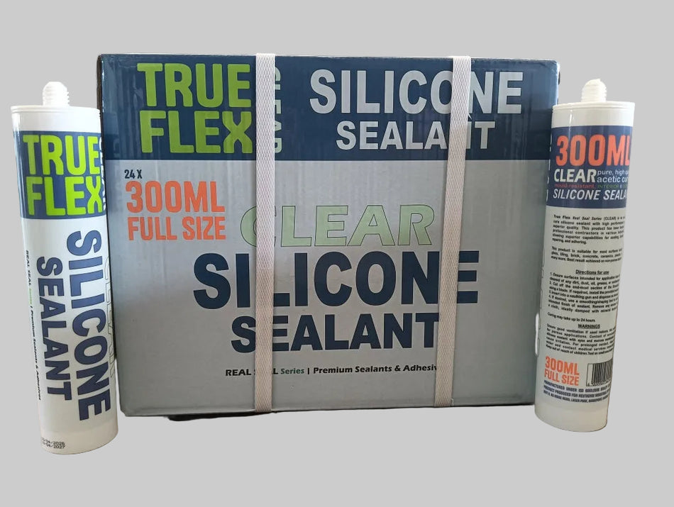 Silicone sealant packaging with 'True Flex' branding on a warehouse floor.