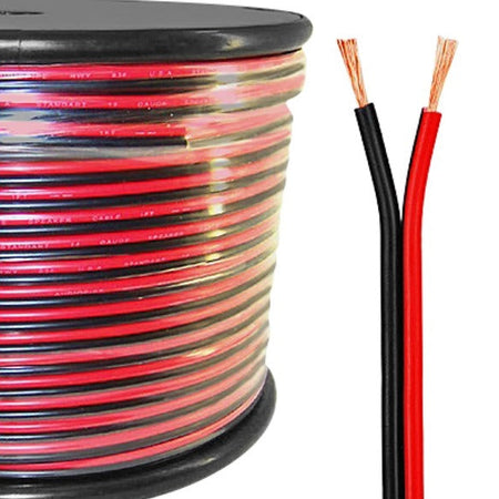 Spool of red and black wire with a close-up of two exposed wires.